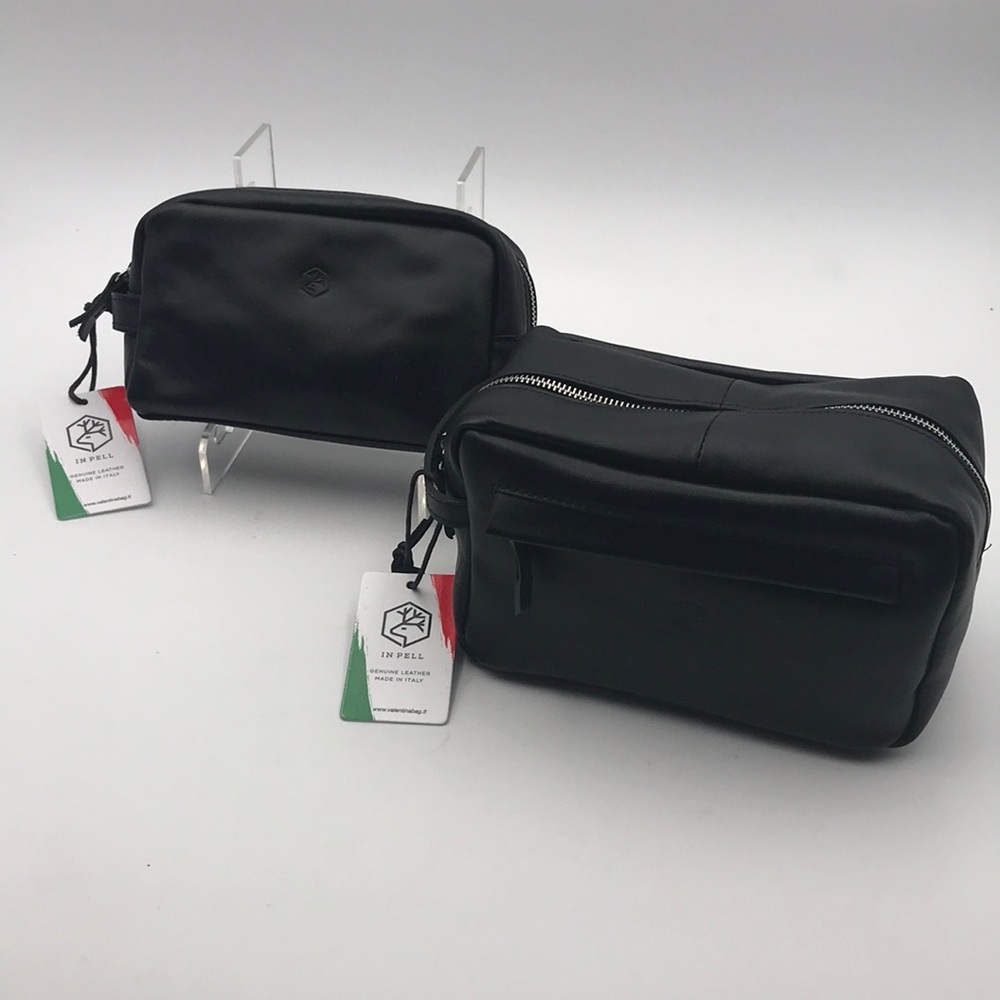 2 Pc Set Valentina In Pell Black Leather Toiletry Travel Cases